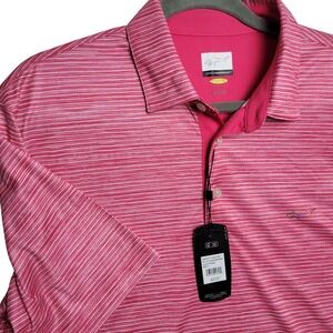 Greg Norman Mens Play Dry Golf Polo Shirt Pink White Stripes LARGE NWT $65 New‎
